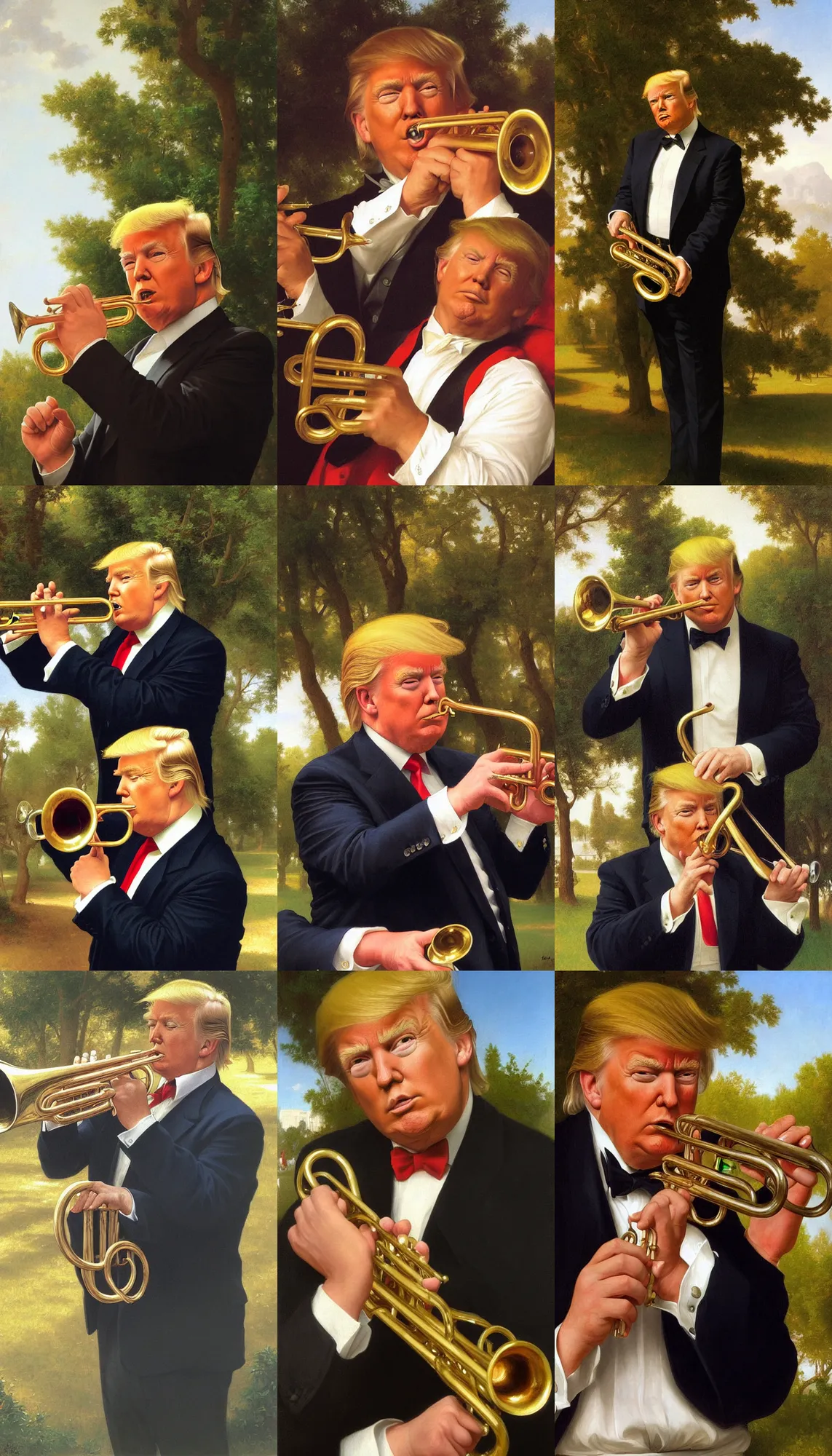 Prompt: portrait of donald trump!!!!!!!!!!!!!!!!!!!!!!!!!!! playing trumpet, alone, detailed face, detailed painting, sunny park background, epic lighting, by bouguereau