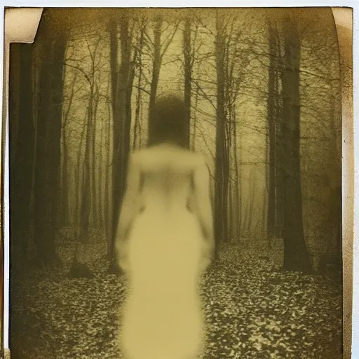 Image similar to an ancient evil-girl on a mysterious fractal forest devouring the human souls, mist, 1910 polaroid photography, grainy film, Black and white