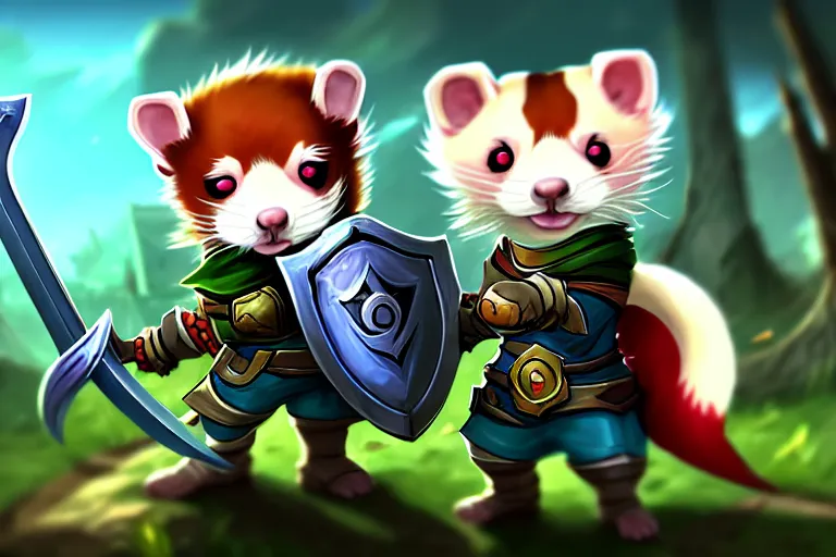 Prompt: a cute ferret boy furry with a sword and shield. league of legends splash art