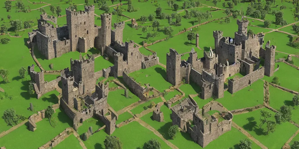 Image similar to medieval castle in a jungle with towers and moat, 3 d, isometric, polygon