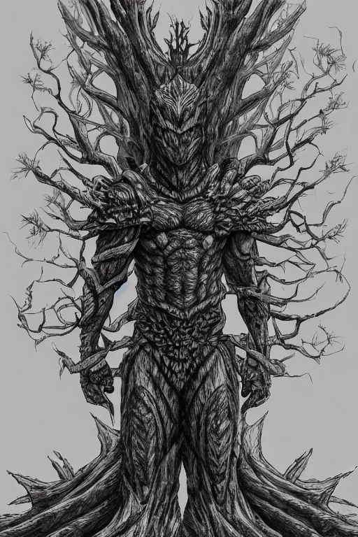 Image similar to armoured tree human figure monster, symmetrical, highly detailed, digital art, tree armour, sharp focus, trending on art station, kentaro miura manga art style