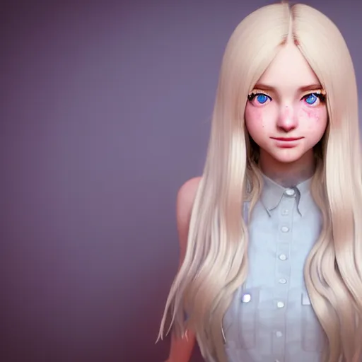 Image similar to Render of Lily, a cute 3d young woman, long white hair, full round face, light blue eyes, bisque skin tone, cute freckles, light red blush, smiling softly,wearing casual clothing, interior lighting, cozy living room background, medium shot, mid-shot, hyperdetailed, trending on Artstation, Unreal Engine 4k