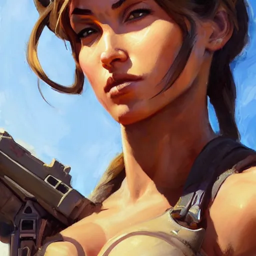 Image similar to greg manchess portrait painting of partially armored lara croft as overwatch character, close - up shot, asymmetrical, profile picture, organic painting, sunny day, matte painting, bold shapes, hard edges, street art, trending on artstation, by huang guangjian and gil elvgren and sachin teng