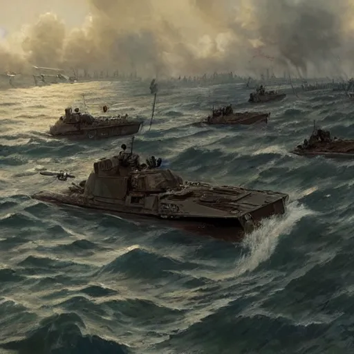 Prompt: a great angle of d - day while all the troops are landing with their boats fighting the germans in a bloody battle by greg rutkowski