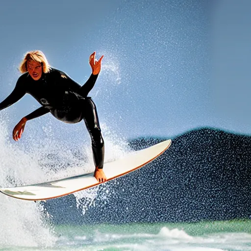 Image similar to a surfer using a snowboard to surf a wave, action photo