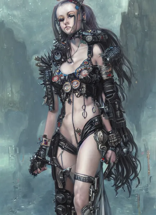 Image similar to portrait of cute beautiful young goth maiden in bikini armor, cyberpunk, Warhammer 40000, gothic, highly detailed, artstation, illustration, art by Gustav Klimt and Range Murata