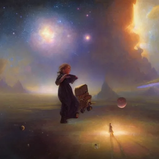 Prompt: a lonley and gloomy baby in middle of space surrounded by colorful stars planets and galaxies, high detail, by gaston bussiere, bayard wu, greg rutkowski, odd nerdrum, maxim verehin, dan dos santos, masterpiece, sharp focus, cinematic lightning