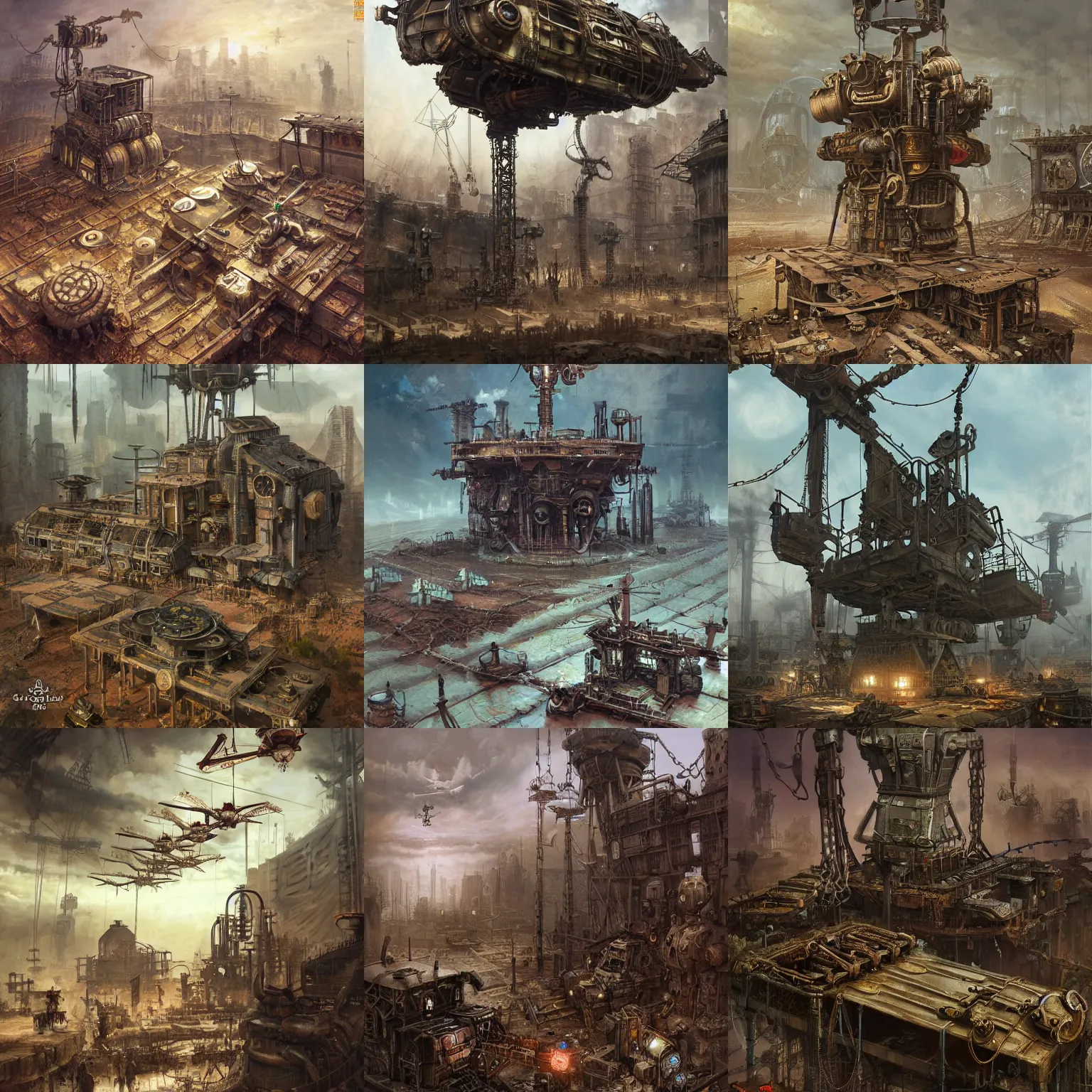 Prompt: post apocalyptic base with steampunk base with propellers, cranes, chains, highly detailed, digital painting, artstation, concept art, smooth, sharp focus, illustration, artstation, art by giger and greg rutkowski and hikari shimoda and edmund blair leighton and charlie bowater, painted warhammer miniature