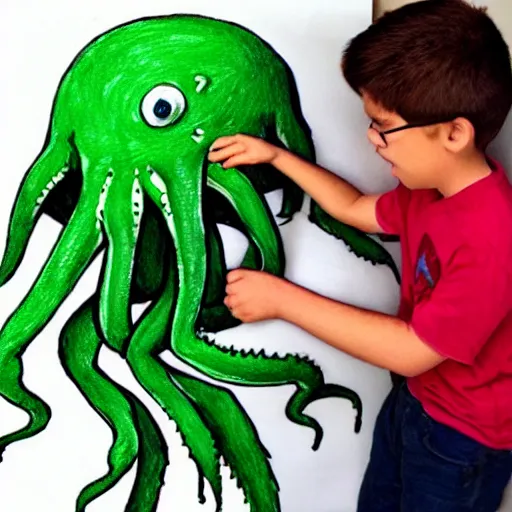 Image similar to “ a child ’ s drawing of himself with his imaginary friend cthulhu ”