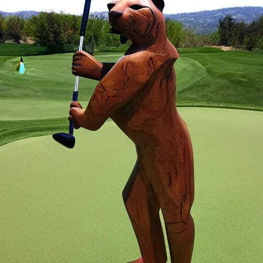 Prompt: portrait wooden statue of a tiger golf iron club in paws, playing golf