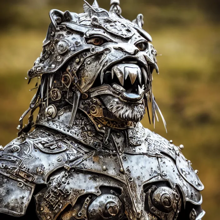 Image similar to photo of a warrior with metal lion themed armour, highly detailed, 4 k, hdr, smooth, sharp focus, high resolution, award - winning photo