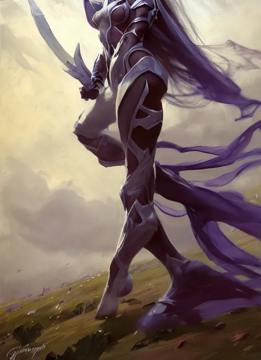 Prompt: Greg Manchess painting of Syndra from League of Legends wearing Forerunner Armor from Halo, countryside, calm, fantasy character portrait, dynamic pose, above view, sunny day, thunder clouds in the sky, artwork by Jeremy Lipkin and Giuseppe Dangelico Pino and Michael Garmash and Rob Rey, very coherent asymmetrical artwork, sharp edges, perfect face, simple form, 100mm