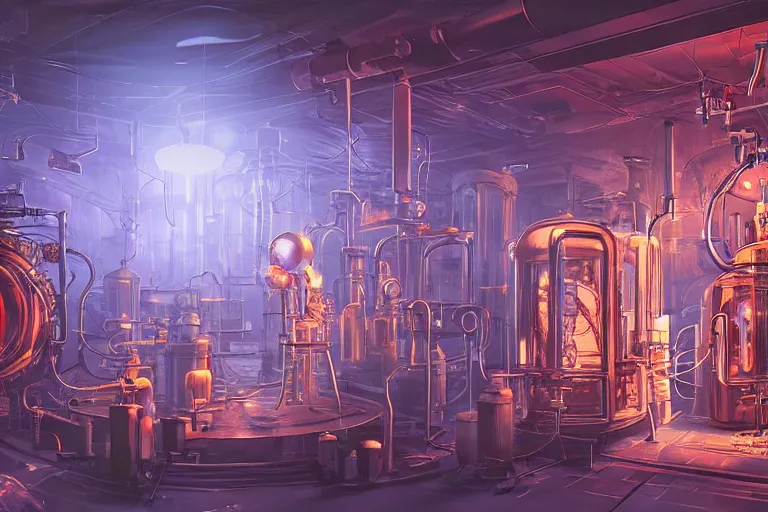 Prompt: steampunk laboratory filled with alchemy equipment, scientist working, pespective, giant screens, sci - fi vending machine, concept art by feng zhu and moebius, dynamic light, volumetric light, neon lights, cinematic mood