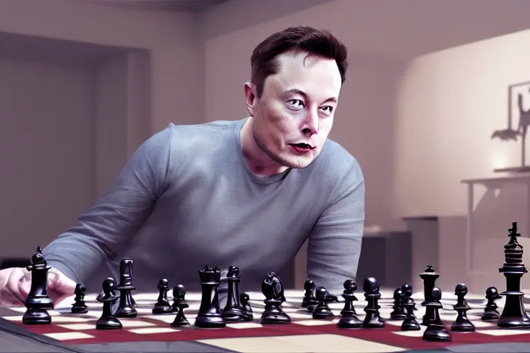 Prompt: elon musk playing chess hyperrealistic, octane render