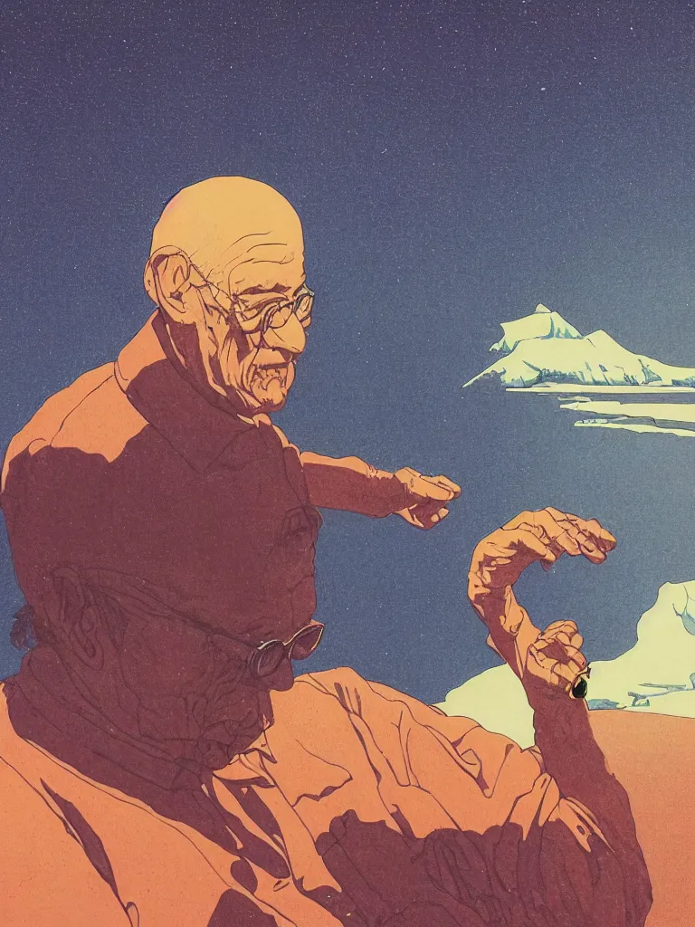 Prompt: a closeup portrait of an old man taking mind altering drugs, a blotter paper of lsd acid and dreaming psychedelic hallucinations in the vast icy landscape of antarctica, by kawase hasui, moebius, edward hopper, colorful flat surreal design, dramatic lighting, hd, 8 k, artstation