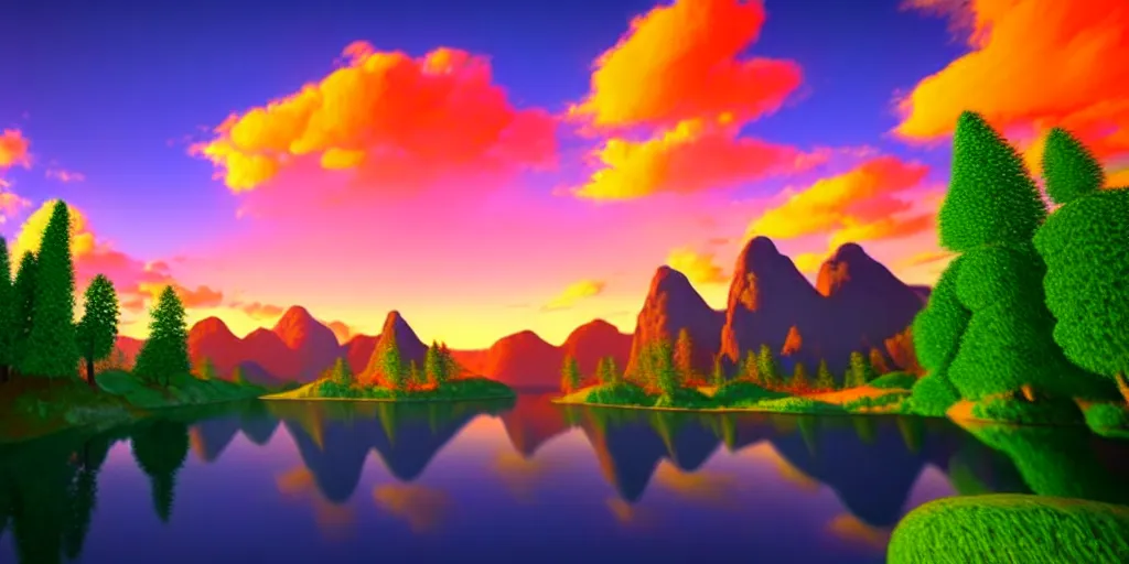 Image similar to a beautiful 3 d fantasy landscape art, orange clouds in the blue sky and green trees, snowy mountains, 3 d art in bob ross style, unreal engine 5, hyper realism