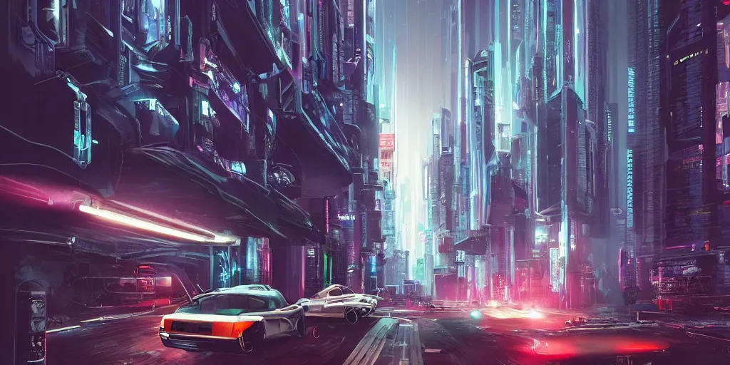 Image similar to a car driving down a street next to tall buildings, cyberpunk art by Vincent Lefevre, cgsociety, retrofuturism, matte painting, reimagined by industrial light and magic