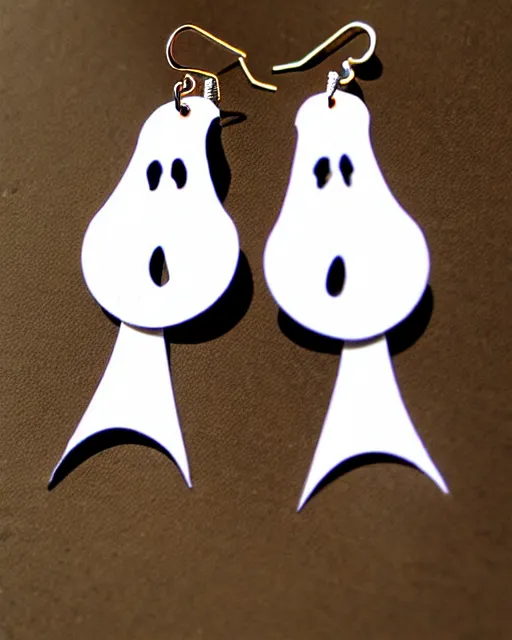 Image similar to spooky cartoon ghost, 2 d lasercut earrings, in the style of tim burton