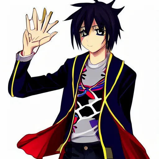 Image similar to anime character looking at his hand, He just discovered magic and look scared and confused, His hand has magic, Digital art,
