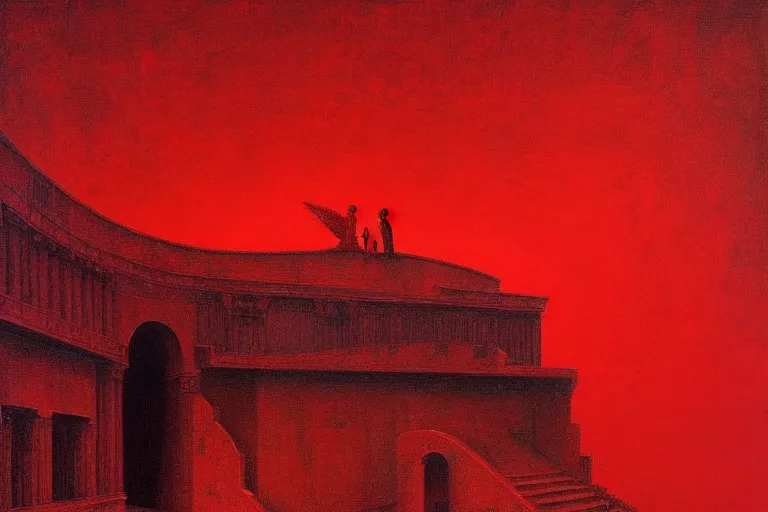 Image similar to only with red, a red melted emperor, taormina amphitheatre, crowd hails him, in the style of beksinski, parts by edward hopper, parts by rodcenko, parts by yue minjun, intricate and epic composition, red by caravaggio, insanely quality, highly detailed, masterpiece, red light, artstation, 4 k