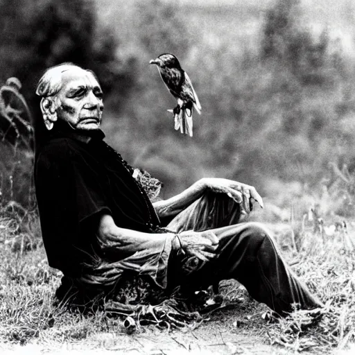 Prompt: elderly Indian Don Juan is sitting in a field with peyote and smoking a pipe , a raven walks next to him