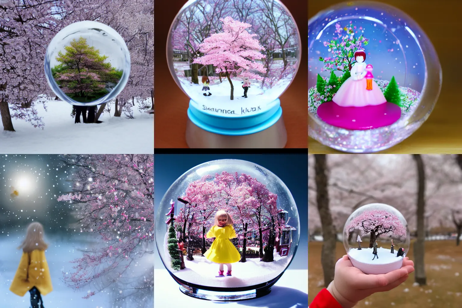 Prompt: sakura trees and small girl inside a snowglobe