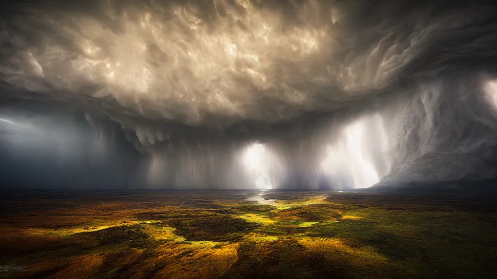 Image similar to amazing landscape photo of a tempest by marc adamus, beautiful dramatic lighting