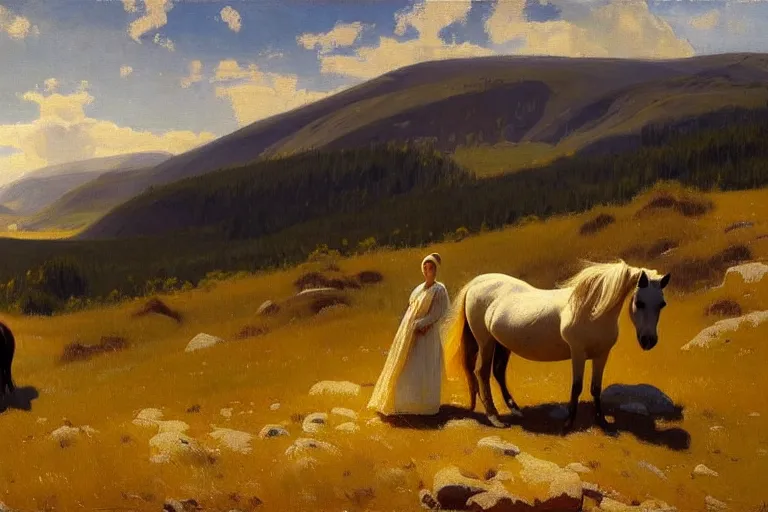 Image similar to scenic western mountain landscape with wild horses and a woman in a long white traditional dress, Anna Ancher & Peder Severin Krøyer, beautifully daylight, artstation