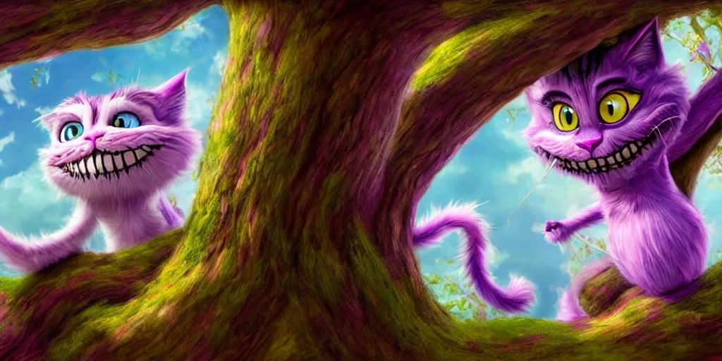 Image similar to The Cheshire Cat hanging in a tree, Alice in wonderland, colorful, wide angle, super highly detailed, professional digital painting, artstation, concept art, smooth, sharp focus, no blur, no dof, extreme illustration, Unreal Engine 5, Photorealism, HD quality, 8k resolution, cinema 4d, 3D, beautiful, cinematic, art by artgerm and greg rutkowski and alphonse mucha and loish and WLOP