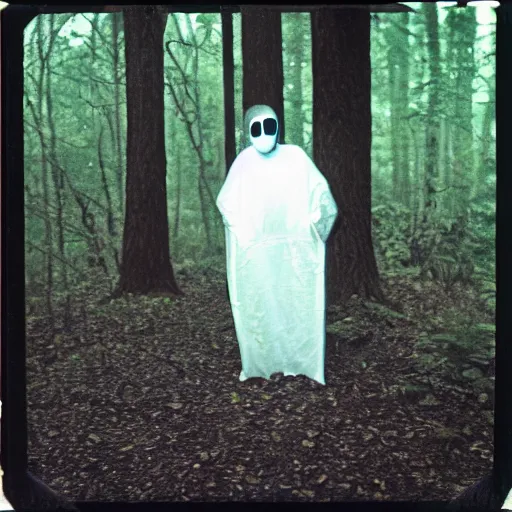 Image similar to man wearing a ghost face mask in the woods, 8 0 s, polaroid, disposable film, 8 mm