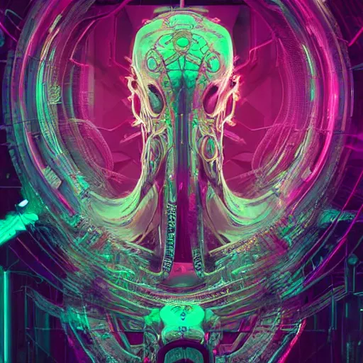 Image similar to portrait of a squid monster. intricate abstract. cyberpunk, intricate artwork. neon eyes, by Tooth Wu, wlop, beeple. octane render, trending on artstation, greg rutkowski very coherent symmetrical artwork. cinematic, hyper realism, high detail, octane render, 8k, minimalistic, hyperrealistic surrealism, award winning masterpiece with incredible details, a surreal vaporwave liminal space, highly detailed, trending on ArtStation