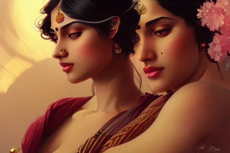 Image similar to sensual pale beautiful bengali girl, art deco portrait, elegant, intricate, digital painting, artstation, concept art, smooth, sharp focus, illustration, art by artgerm and greg rutkowski and alphonse mucha