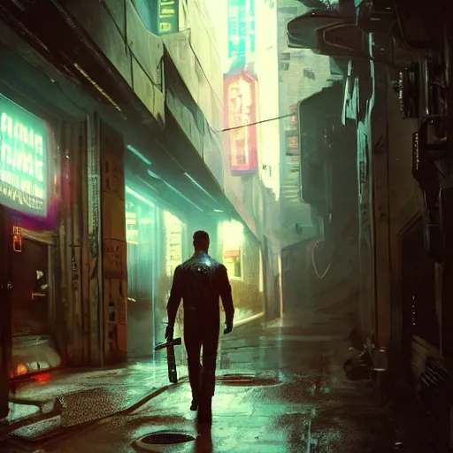 Image similar to a detailed sci fi concept art of an extremely handsome jensen ackles as the terminator walking down a dark alley in cyberpunk 2 0 7 7, holding two sawed off shotguns, volumetric lighting, octane render, 8 k, art by greg rutkowski and albert bierstadt and alphones mucha