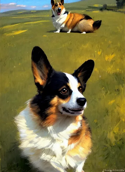 Prompt: Greg Manchess painting of an anthropomorphic Corgi, countryside, calm, fantasy character portrait, dynamic pose, above view, sunny day, artwork by Jeremy Lipkin and Giuseppe Dangelico Pino and Michael Garmash and Rob Rey, very coherent asymmetrical artwork, sharp edges, perfect face, simple form, 100mm