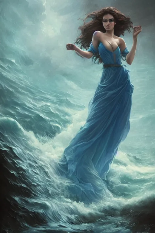 Image similar to beautiful powerful water goddess clothed in a flowing blue gown strides through a stormy sea, detailed matte fantasy portrait, dynamic lighting, bokeh backdrop, by greg rutkowski, by peter mohrbacher, by brom