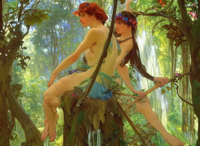 Prompt: bird's eye view, magical forest with a waterfall, lush trees, three fairies dancing around a maypole, magical, vivid colors, rule of thirds, a fantasy digital painting by alphonse mucha and john william waterhouse, trending on artstation, highly detailed, sharp lines
