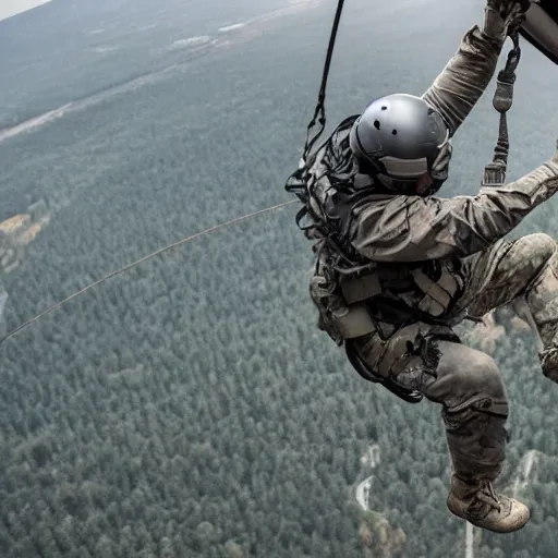 Image similar to Special Forces in grey uniform rappelling from a helicopter in Ukraine 2022, photo by Adam Ferguson, Pulitzer Winning, cinematic composition, breathtaking, modern, 2022