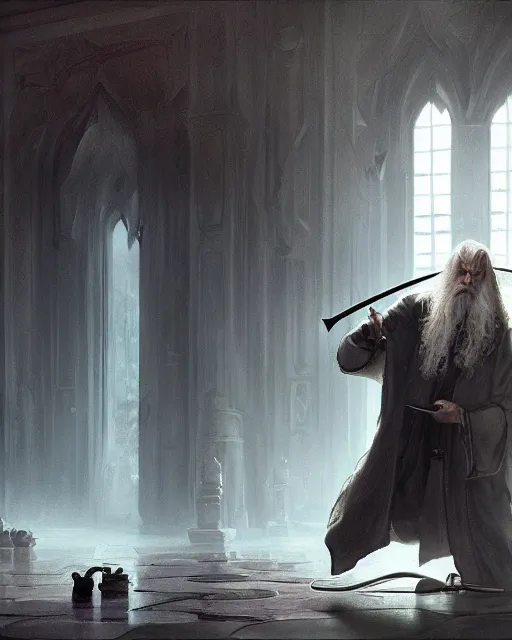 Image similar to gandalf moping a floor, greg rutkowski, esuthio, craig mullins, cinematic lighting, gloomy