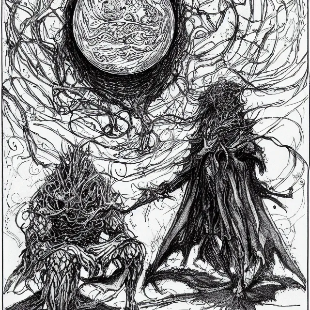 Prompt: black micron pen illustration, a sorcerer pondering an orb by ian miller, white background, inktober, highly detailed, artstation hd