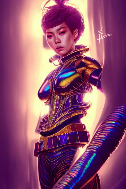 Prompt: hyperdetailed portrait of a stunningly beautiful movie thirty years old star androgynous woman guard made of iridescent metals, shiny gems, inspired by ross tran and wlop and masamune shirow and kuvshinov, concept art, intricate, photorealistic, octane render, rtx, hdr, unreal engine, dnd digital art by artgerm
