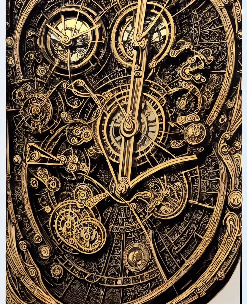 Image similar to ornate steampunk grandfather clock, high details, intricately detailed, by vincent di fate, inking, lineart, 3 color screen print, masterpiece, trending on artstation,, sharp, details, hyper - detailed, hd, 4 k, 8 k