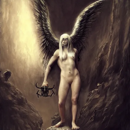 Prompt: billie eilish as an muscular devil standing in the front of gates of hell. angel is draped with bones. digital painting. art station. mood lighting. skindness, highly detailed, concept art, intricate, sharp focus, einar jonsson and bouguereau - h 1 2 0 0
