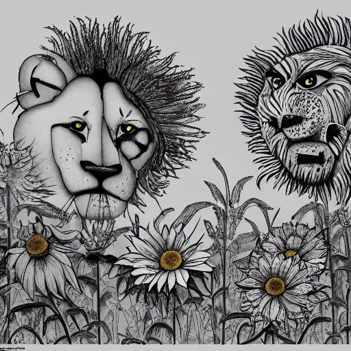 Image similar to lions and sunflowers 🌻🌫 in the style of salvador dali