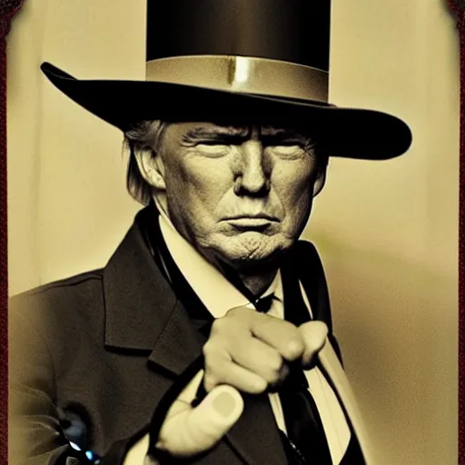Image similar to an 1 8 0 0 s photo of donald trump playing the role of clint eastwood, squinting at high noon, in the style of a clint eastwood movie, the good, the bad and the ugly, clint eastwood, vibe, donald trump, glory days, mount rushmore, stern, resolve, formal, justice, american flag, independence, patriotism