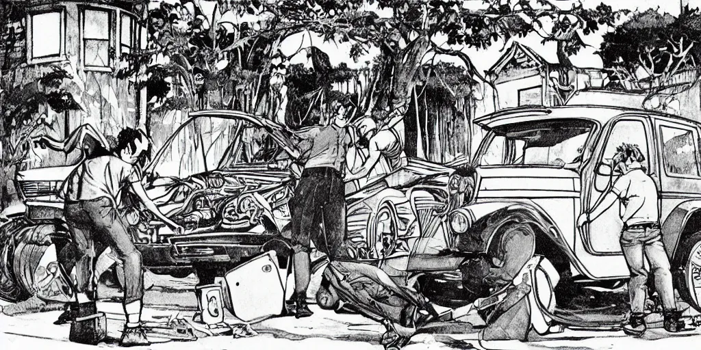Prompt: A retro illustration of a group of gargoyle mechanics fixing a car at a suburban home driveway, by studio ghibli, alariko, moebius