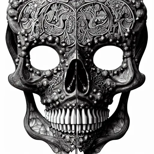 Image similar to ornate antique porcelain beautiful skull mask memento mori by arthur rackham, art forms of nature by ernst haeckel, ultrasharp, photorealistic, hyperdetailed, octane render, polished, art nouveau, gothic, intricate ornamental organic filigree, art nouveau botanicals, art forms of nature by ernst haeckel, horizontal symmetry, symbolist, visionary