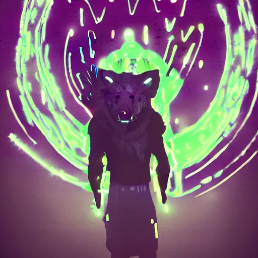 Prompt: wolf headed shaman, meditating, floating, angry, cyberpunk, junkyard, neon glow, electric glow, dark dynamic lighting