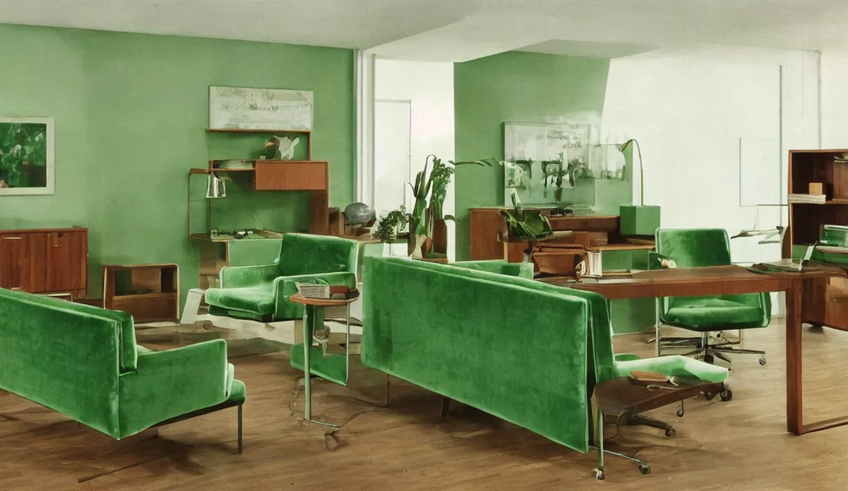 Image similar to a still of severance series indoor 7 0 s green velvet and wood with metal furniture office scenario appearing as a 7 0 s prisunic catalog, in color