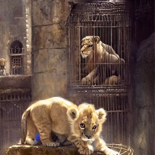 Image similar to cute lion cub with in a cage on a medieval fantasy market, oil painting, by greg rutkowski