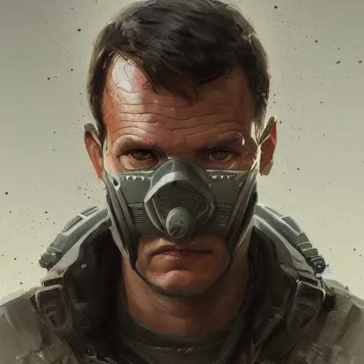 Image similar to portrait of a man by greg rutkowski, he looks like bill paxton, he is wearing a tactical gear and a superhero mask, highly detailed portrait, digital painting, artstation, concept art, smooth, sharp foccus ilustration, artstation hq